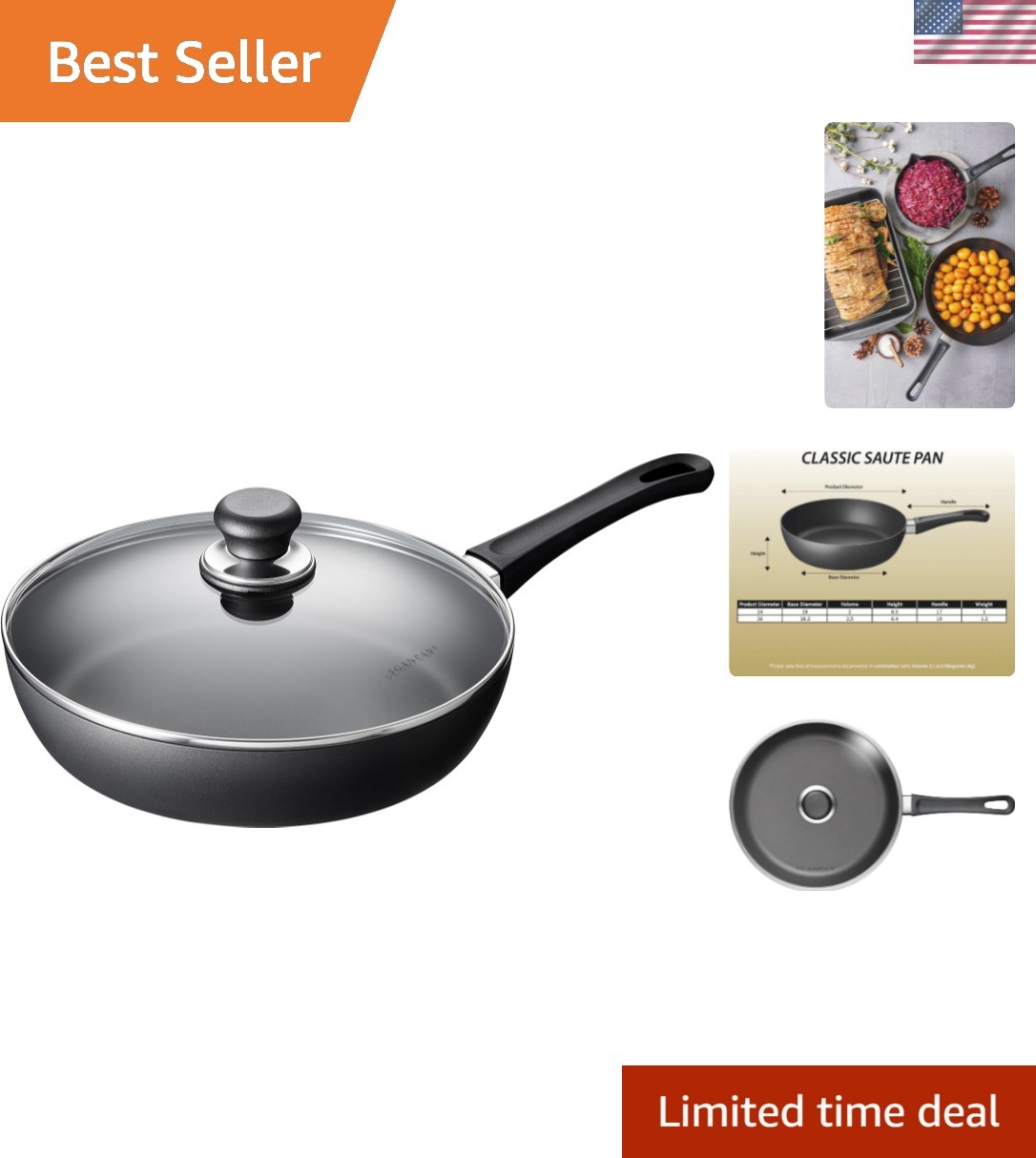 Classic 3.25 Qt Nonstick Saute Pan with Lid – Safe for Oven & Utensils
