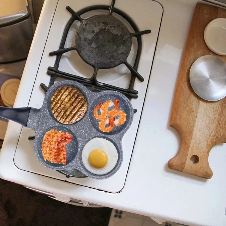 4 Hole Cup Egg Hamburger Pancake Maker Non-Stick Frying Pan with Wooden Handle