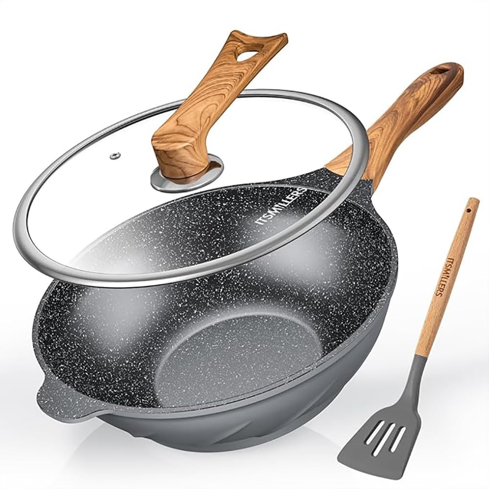 Nonstick Wok and Stir Fry Pan 12.5 inch with Spatula, Die-cast Aluminum Scrat…