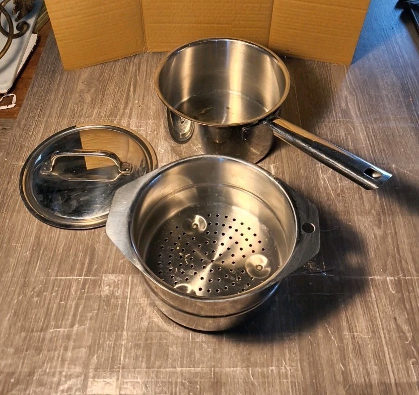 VINTAGE CUISINART 2.5 QT SAUCEPAN W/ LID & DOUBLE BOILER INSERT 3 PIECE SET