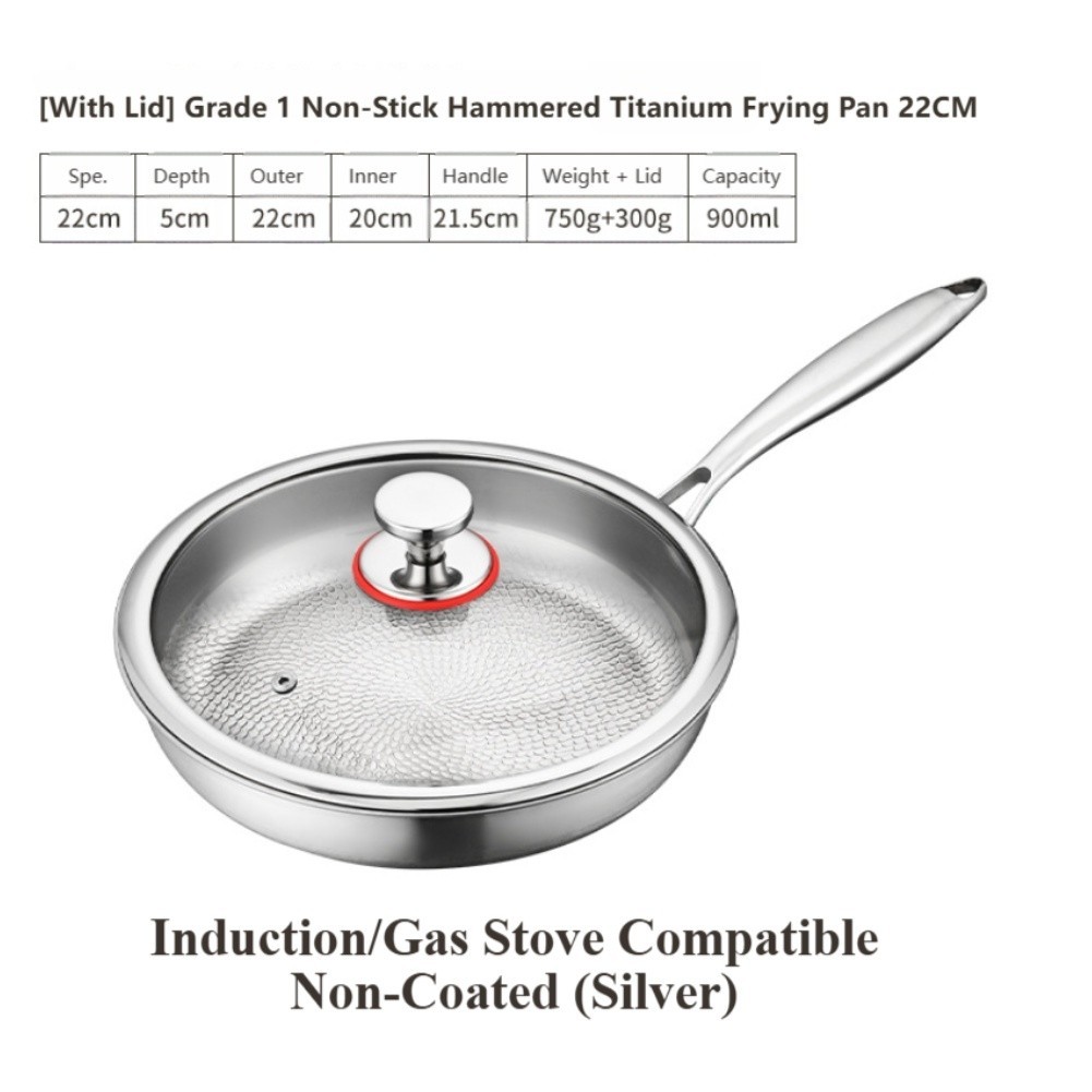 Hammered Texture Titanium Frying Pan with Glass Lid for Gas Electric Induction