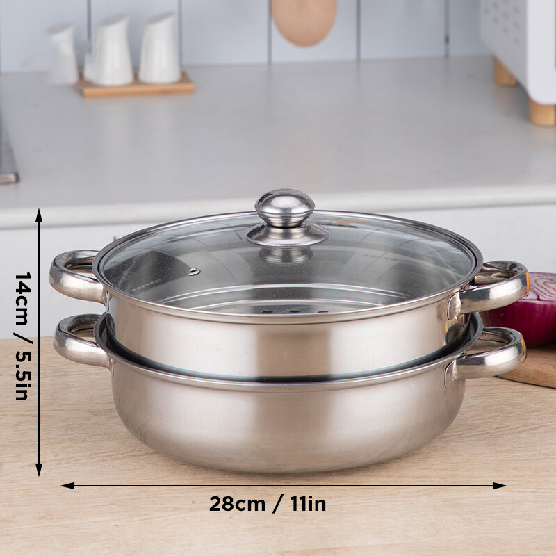 2-Layer Stainless Steel Cooking Wok Soup Stew Pot Steamer with Lid Glass Cover