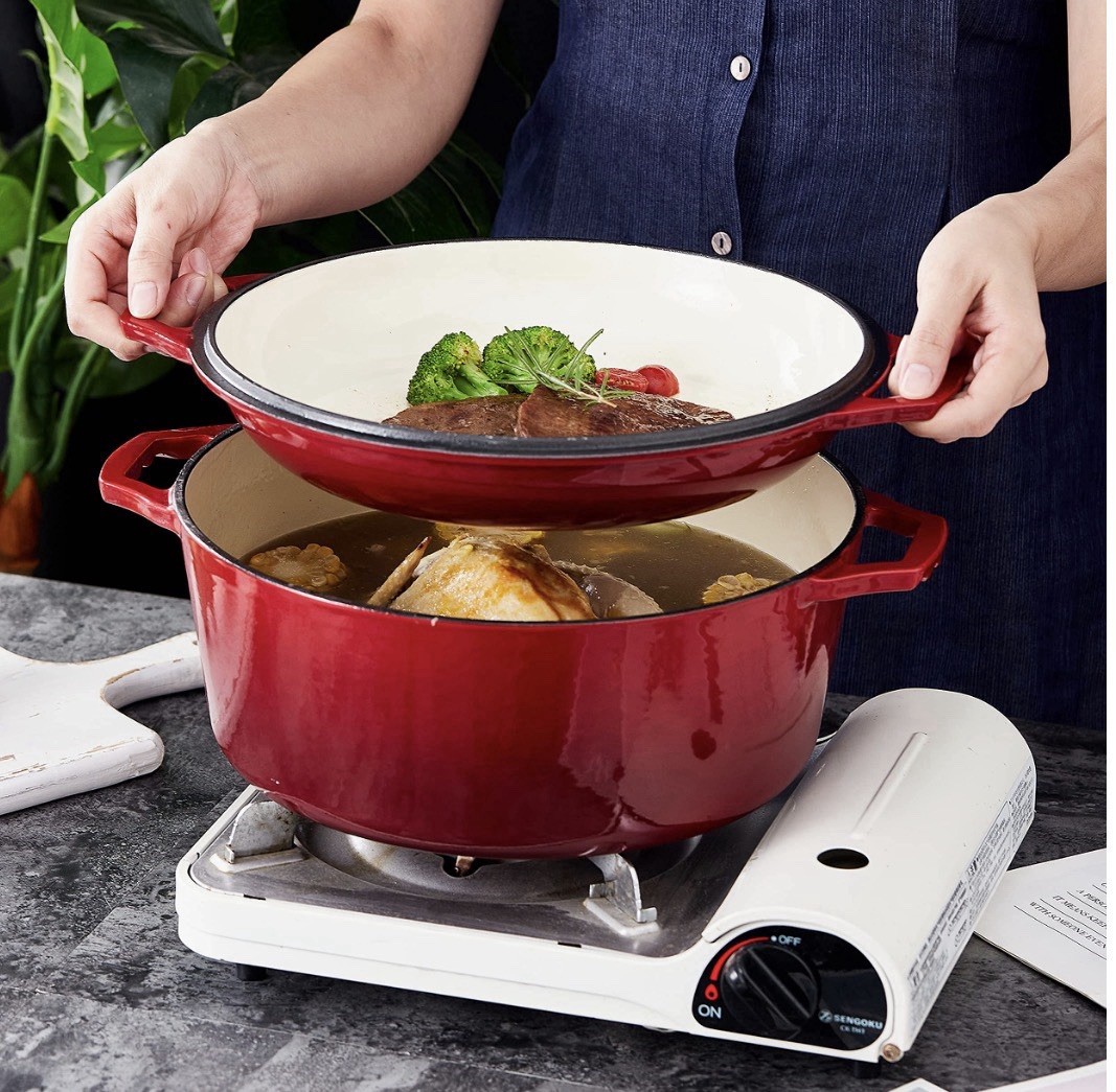 [FREE SHIP] NEW Bruntmor 7QT Dutch Oven 2-in-1 Skillet – Enameled Cast Iron RED