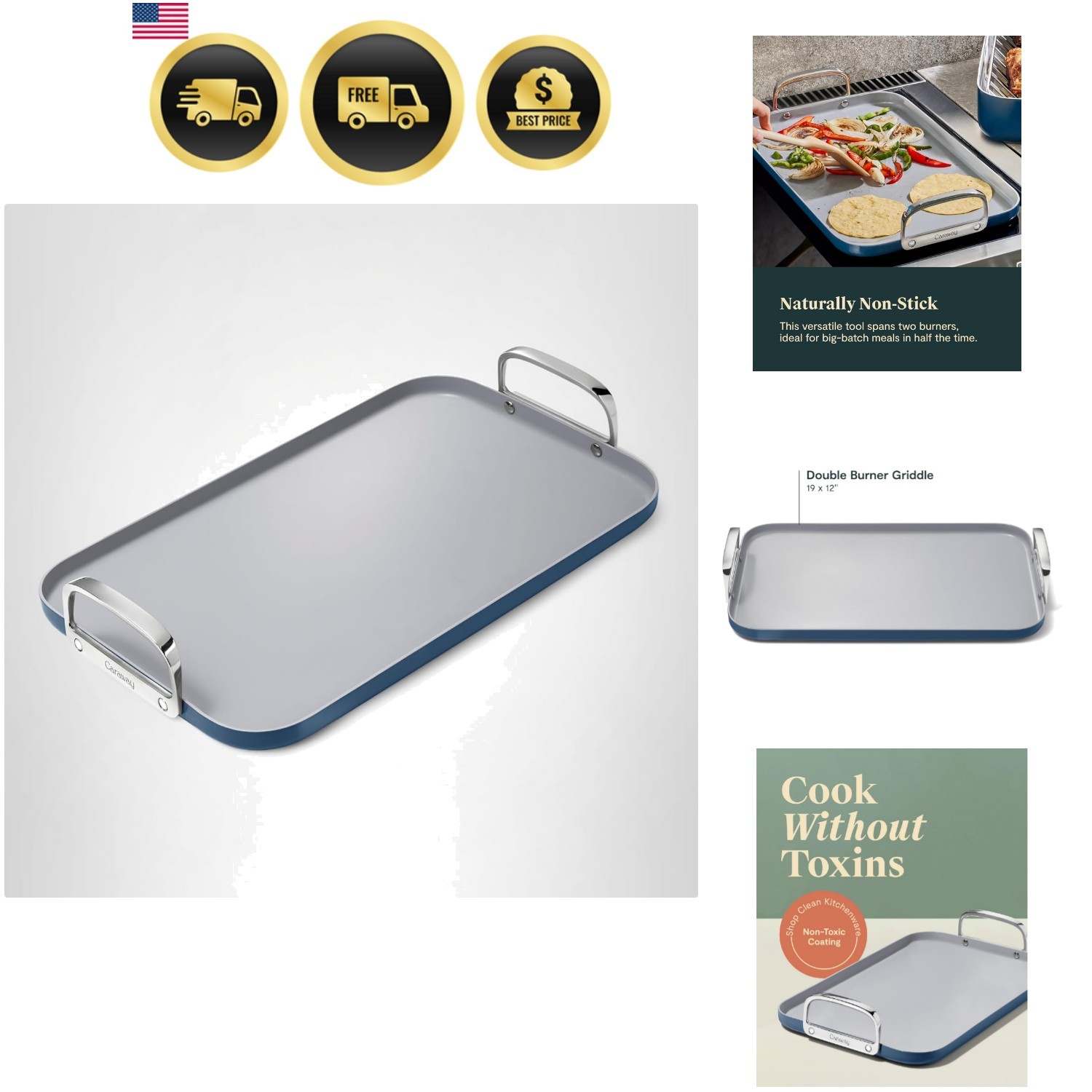 Navy Ceramic Double Burner Griddle 19×12” – Effortless Cooking, Easy Cleanup