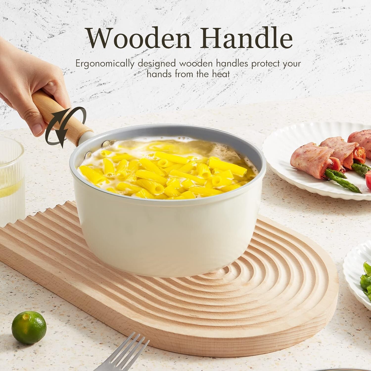 Ceramic Nonstick Sauce Pan, 3 QT Pot with Steamer, Wooden Handle, Universal Base