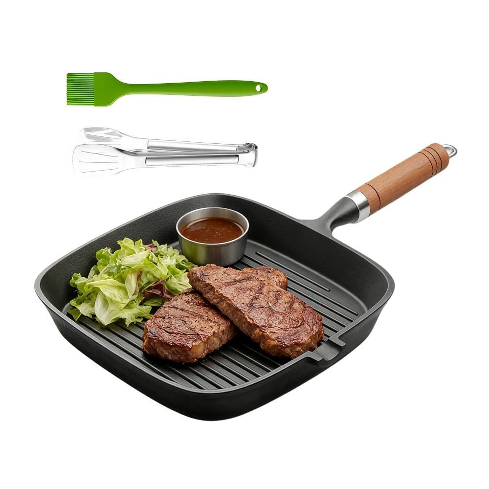 Komost 9 Inch Cast Iron Grill Pan for Stove Top, Square Skillet Griddle Pan w…