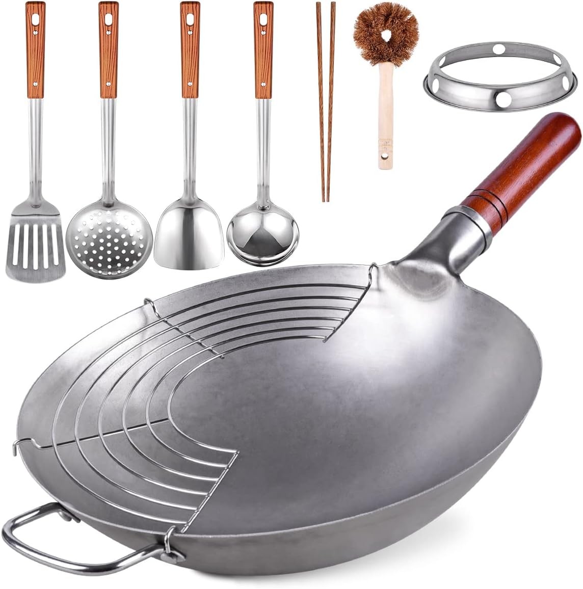Carbon Steel Wok Traditional Hand Hammered – 13.4″ Chinese Woks Round Bottom Wok