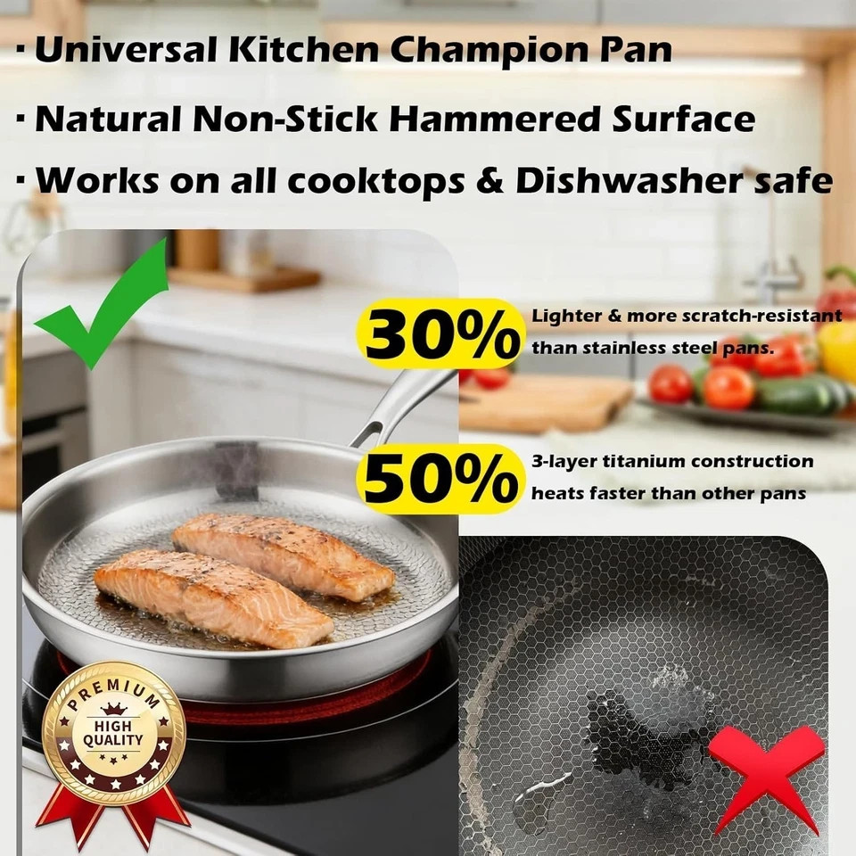 Pure Titanium Hammered Frying Pan with Lid, 12 Inch Skillet, No Coating Cookw…