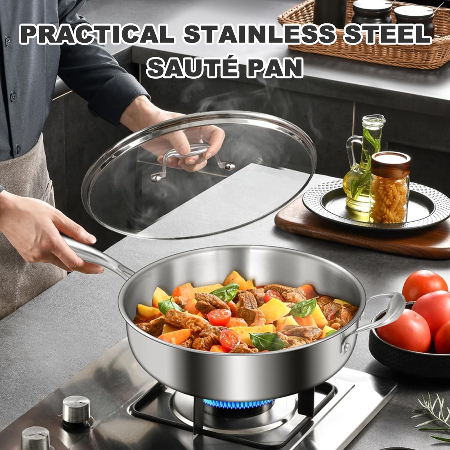 12″ Tri-Ply Stainless Steel Frying Pan w/ Lid Induction Ready Oven Safe Skillet