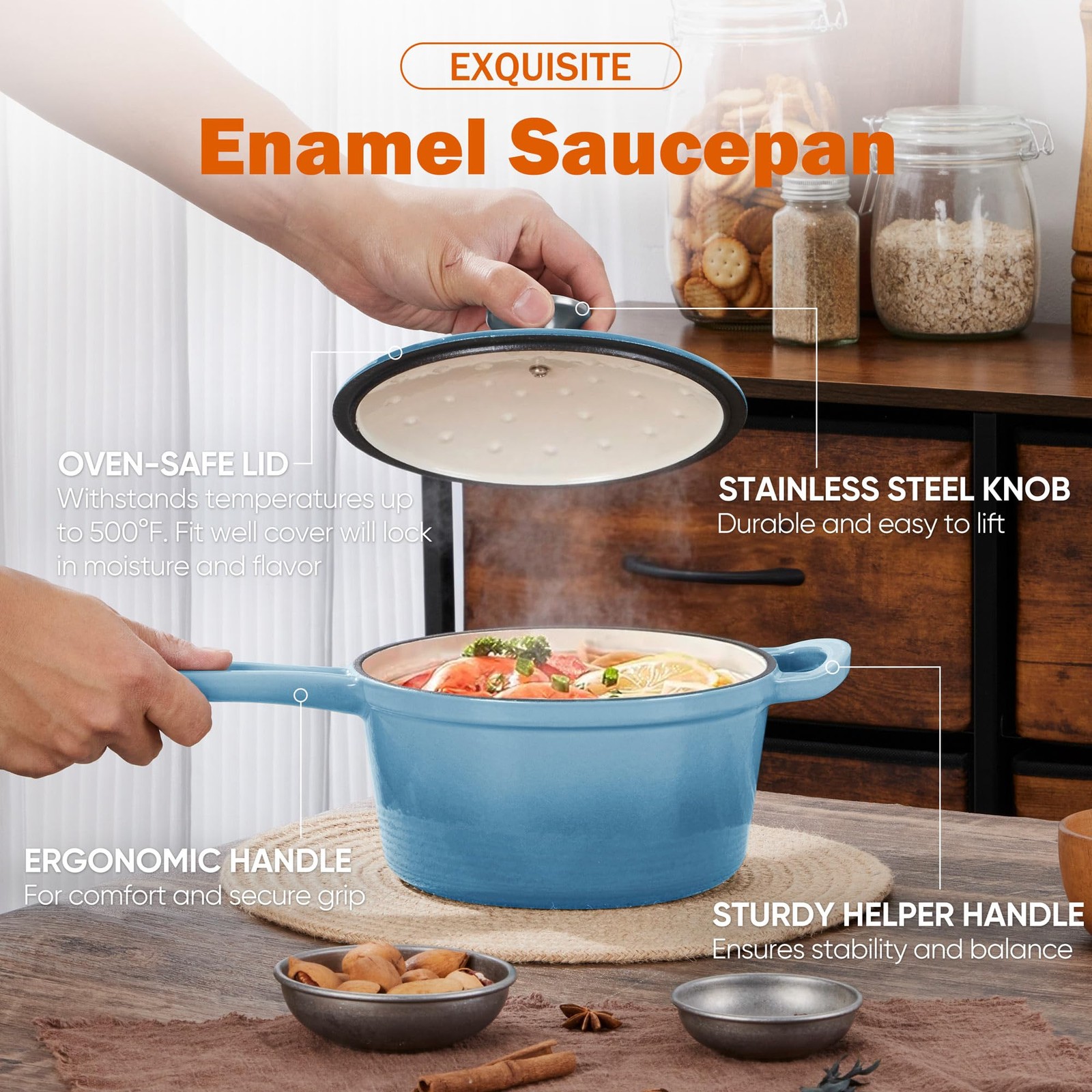 Small 2 QT Enameled Cast Iron Sauce Pan With Lid Dutch Oven Sky Blue Cookware