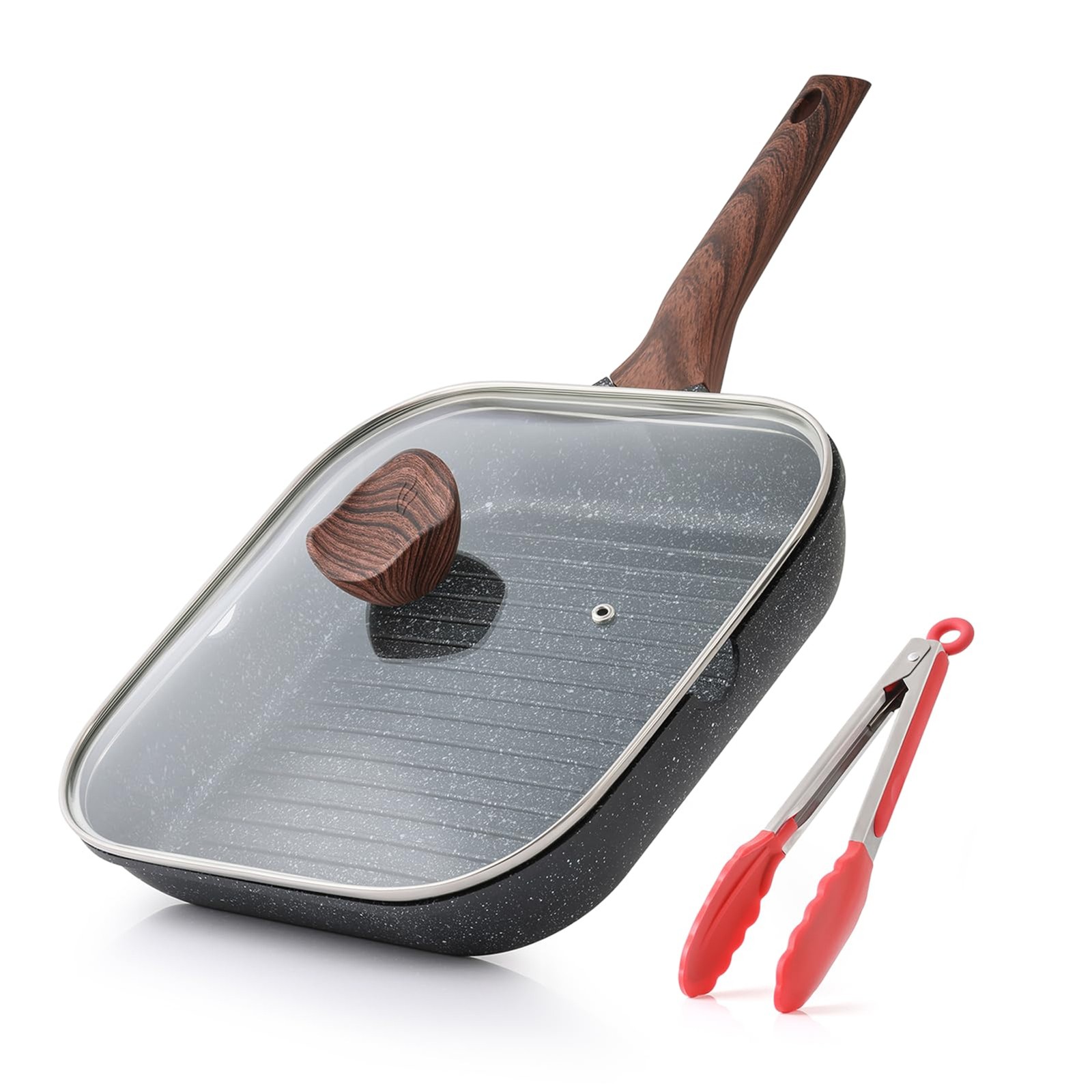 Kordisen Nonstick Grilling Pan with Lid for Stove Tops, 11 Inch Square Grill Pan