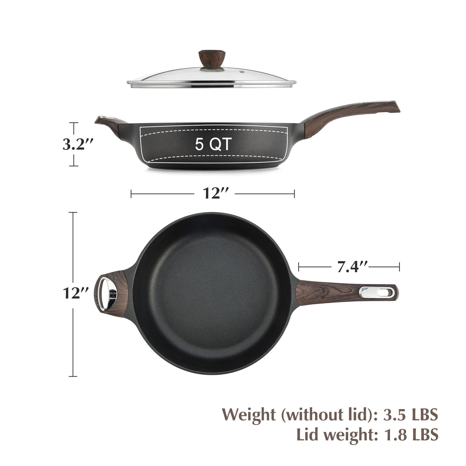 Nonstick Frying Pan Skillet with Lid 12 Inch 5 Qt Deep Saute Pan for Induction