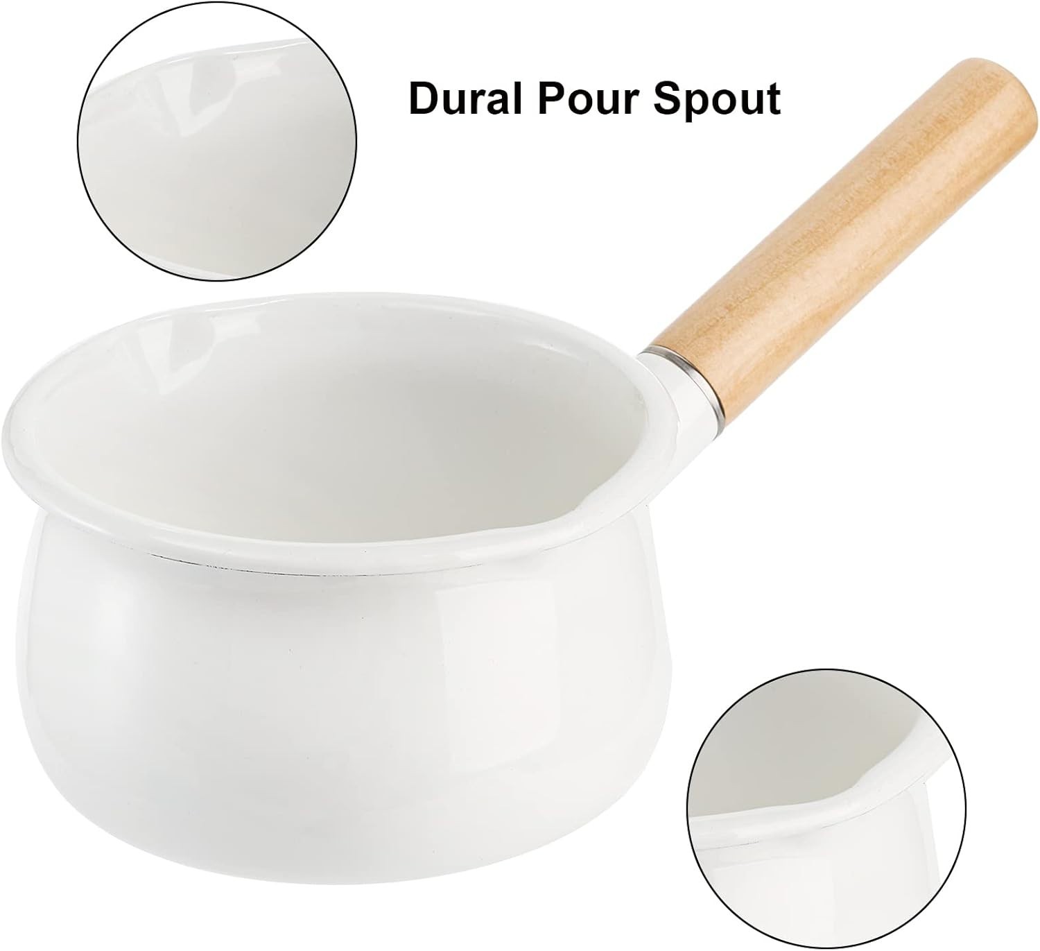 Jucoan 1 Quart Enamel Milk Pan White Dual Pour Spout Ergonomic Wooden Handle