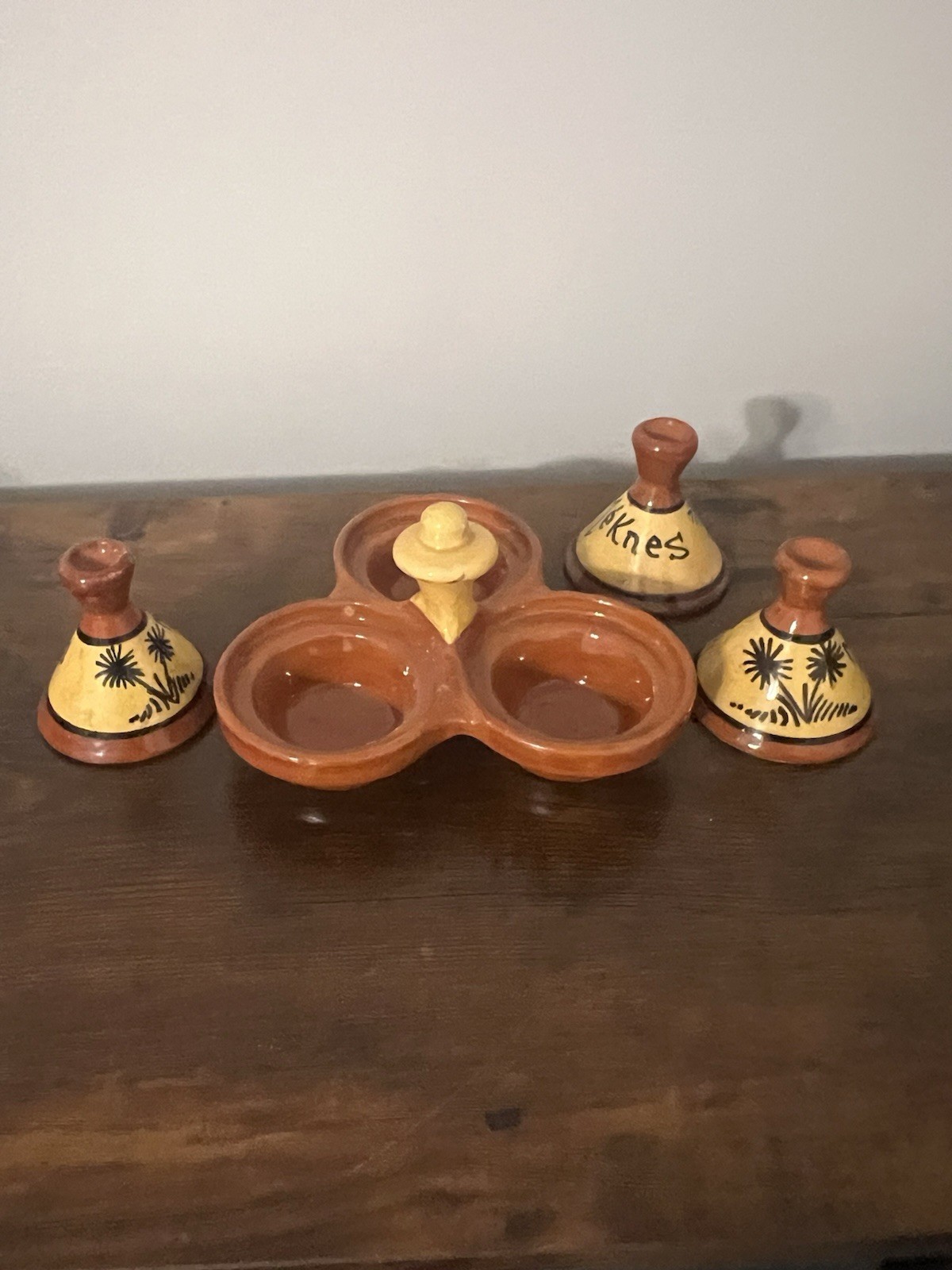 Vintage Pottery Three Spice Holder, Moroccan Tagine Salt Pepper Cumin Curry