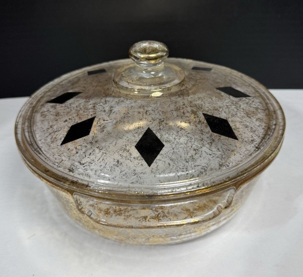 Vintage FIRE-KING Georges Briard Covered 2 QT Casserole Dish Gold & Black MCM