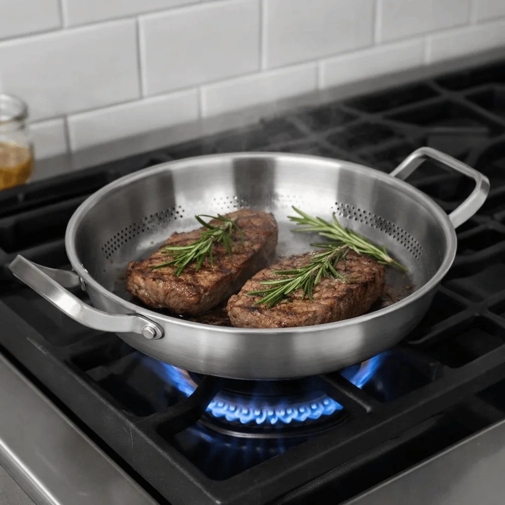 3 Ply Titanium Clad Stainless Steel Frying Pan Non Toxic Non Stick Hammered