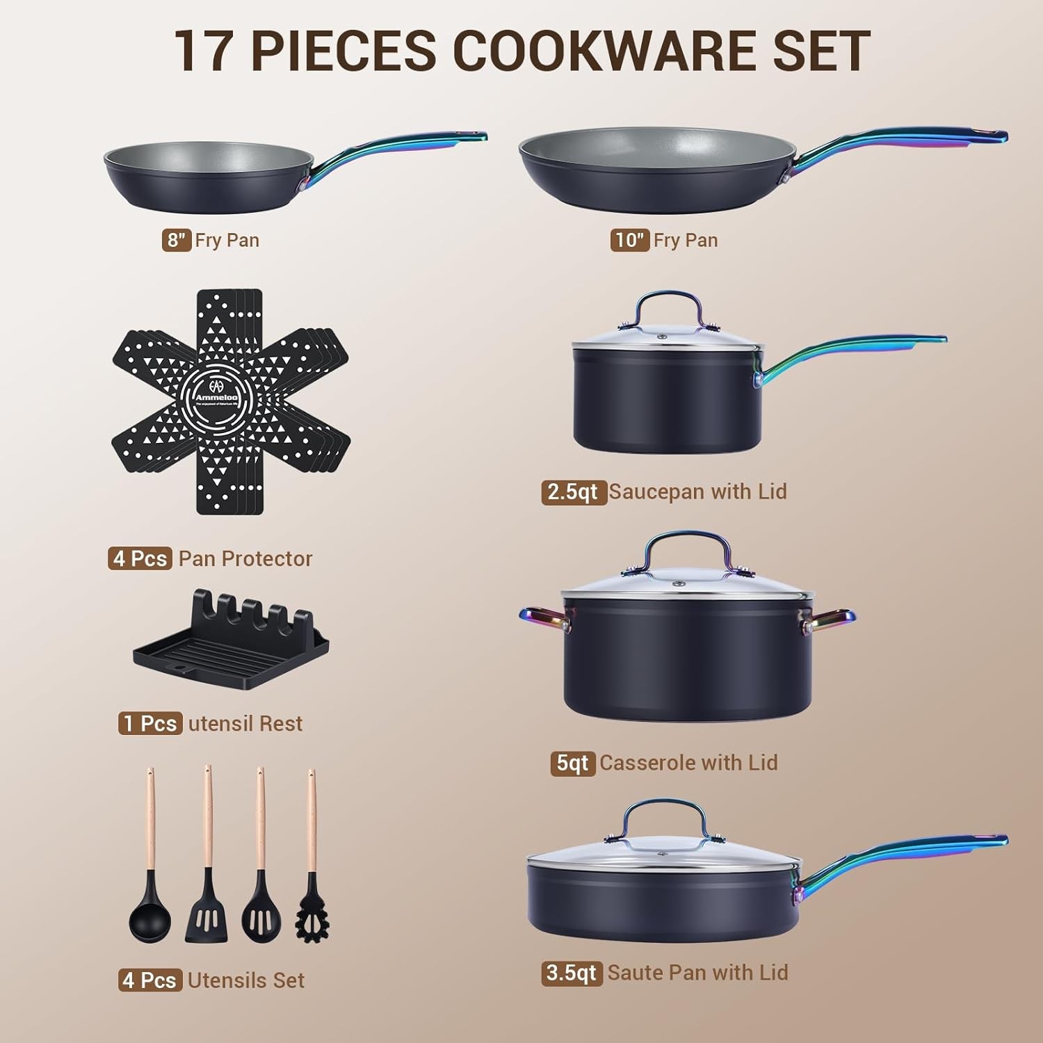 Ammeloo 17 Pcs Ceramic Cookware Set, Induction Pots and Pans Set Non Stick, Prem