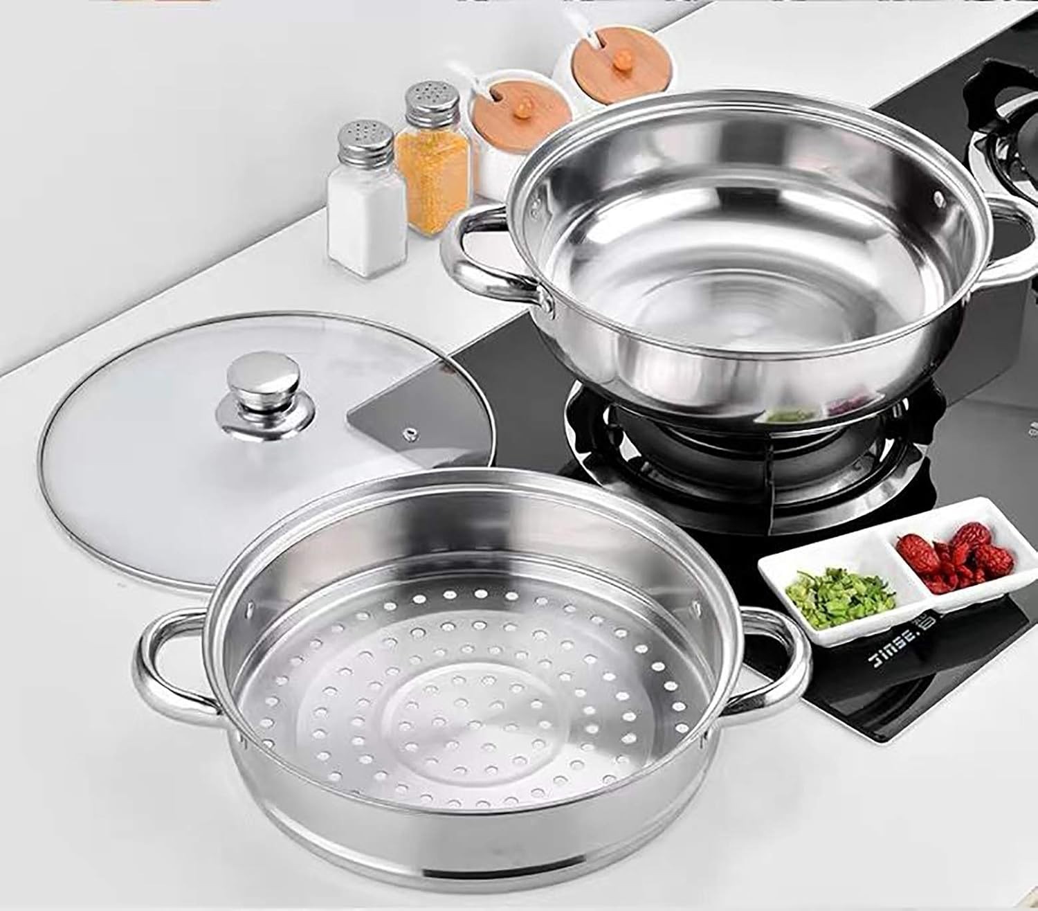 2-Tier 28cm 304 Stainless Steel Steamer Pot with Glass Lid,for Dumplings, Sea…