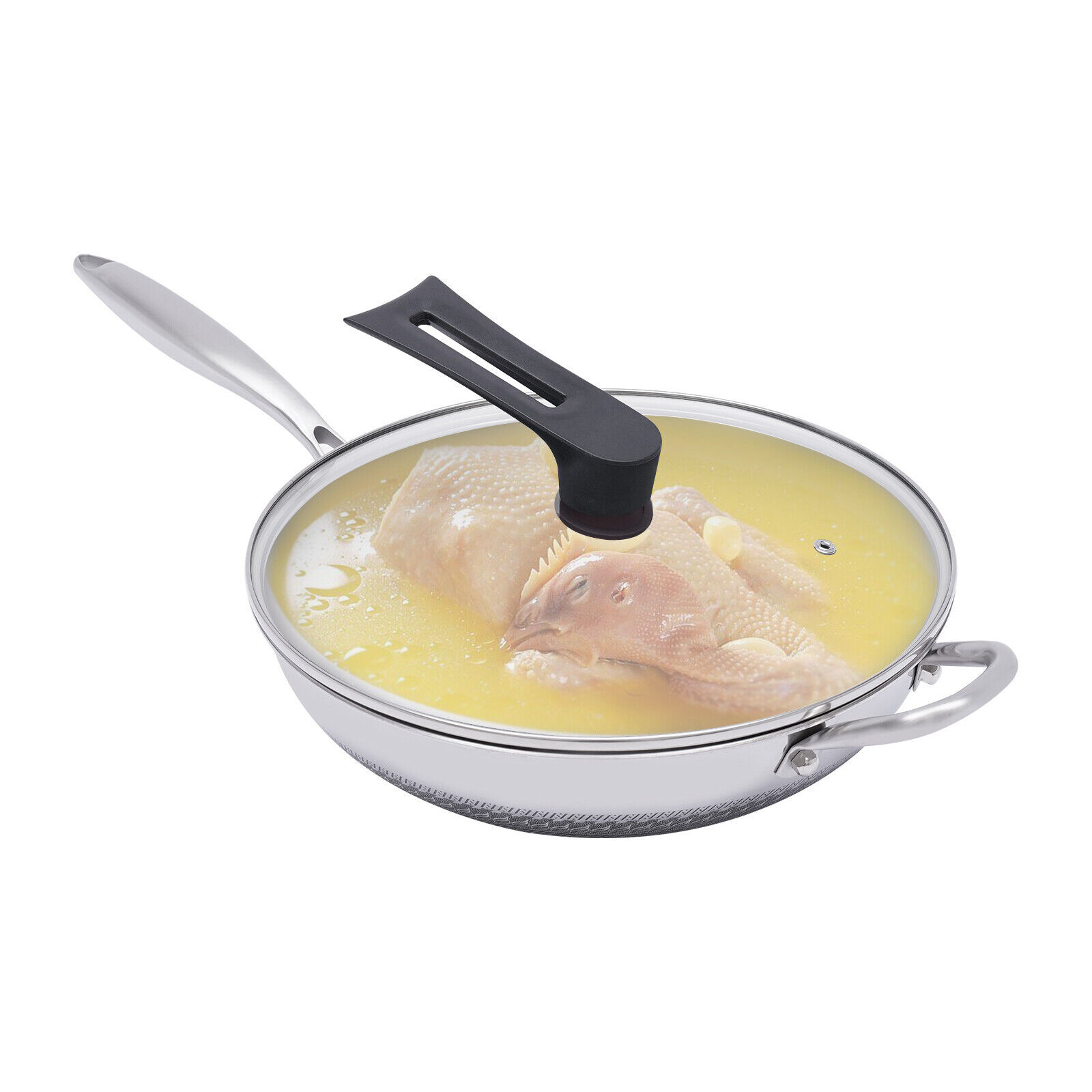 Non Stick Double Sided Honeycomb Cooking Frying Wok Pan with Lid Stainless Steel