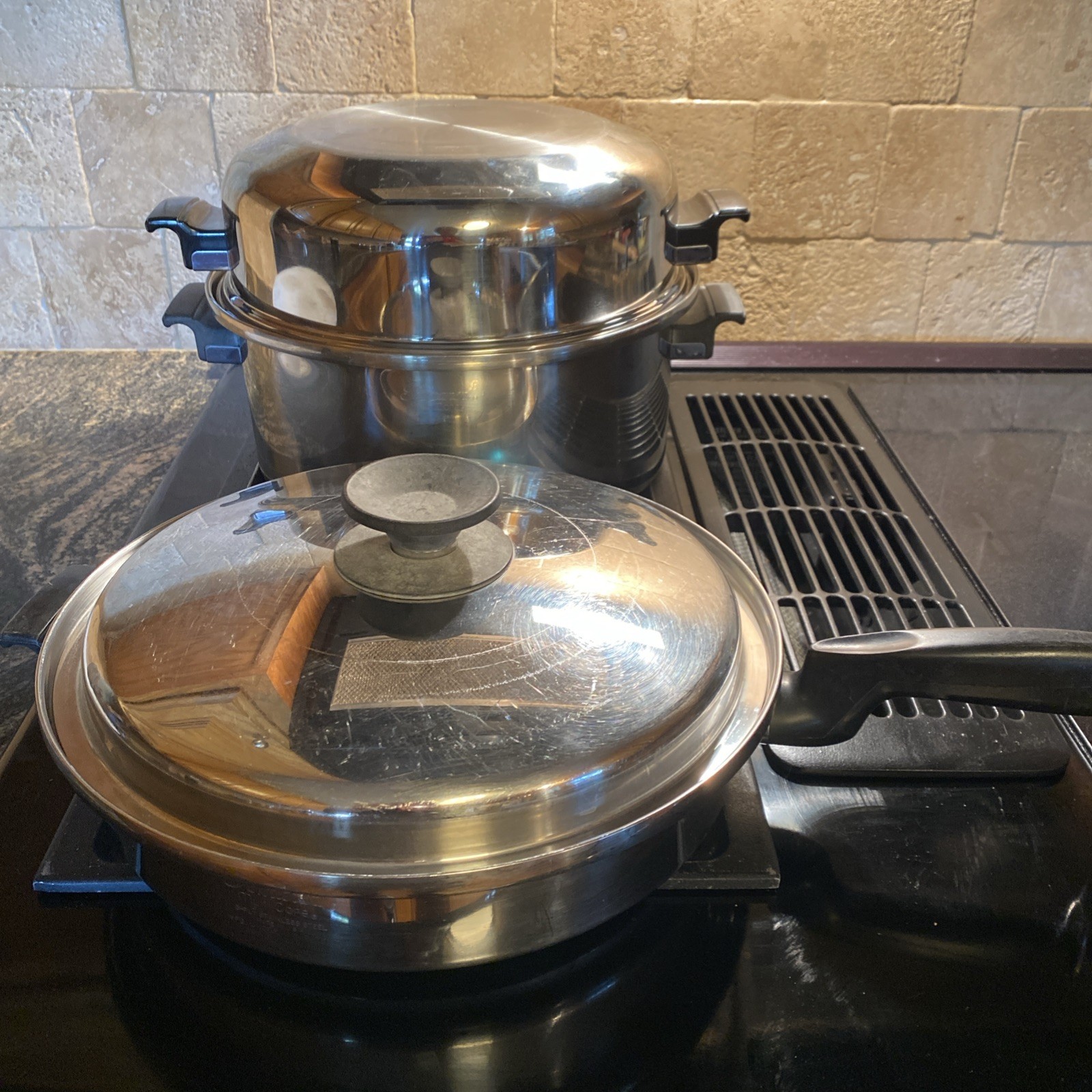 Vtg Permanent Stainless Multi Core 6 Qt. Stock Pot Dome & Frying Skillet / Lid