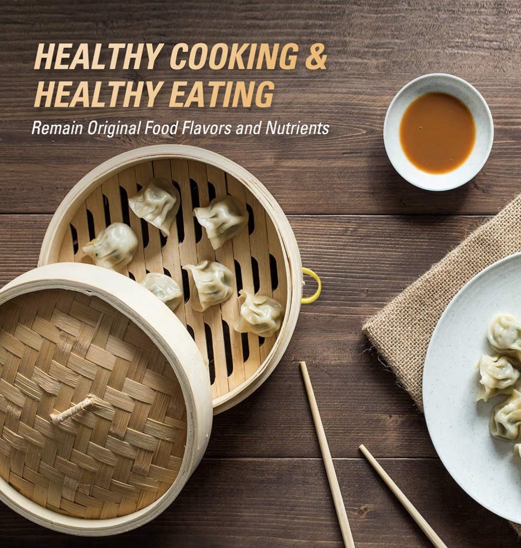10″ Bamboo Steamer Basket Set – 2 Tier Dumpling Steamer with Handles & Liners