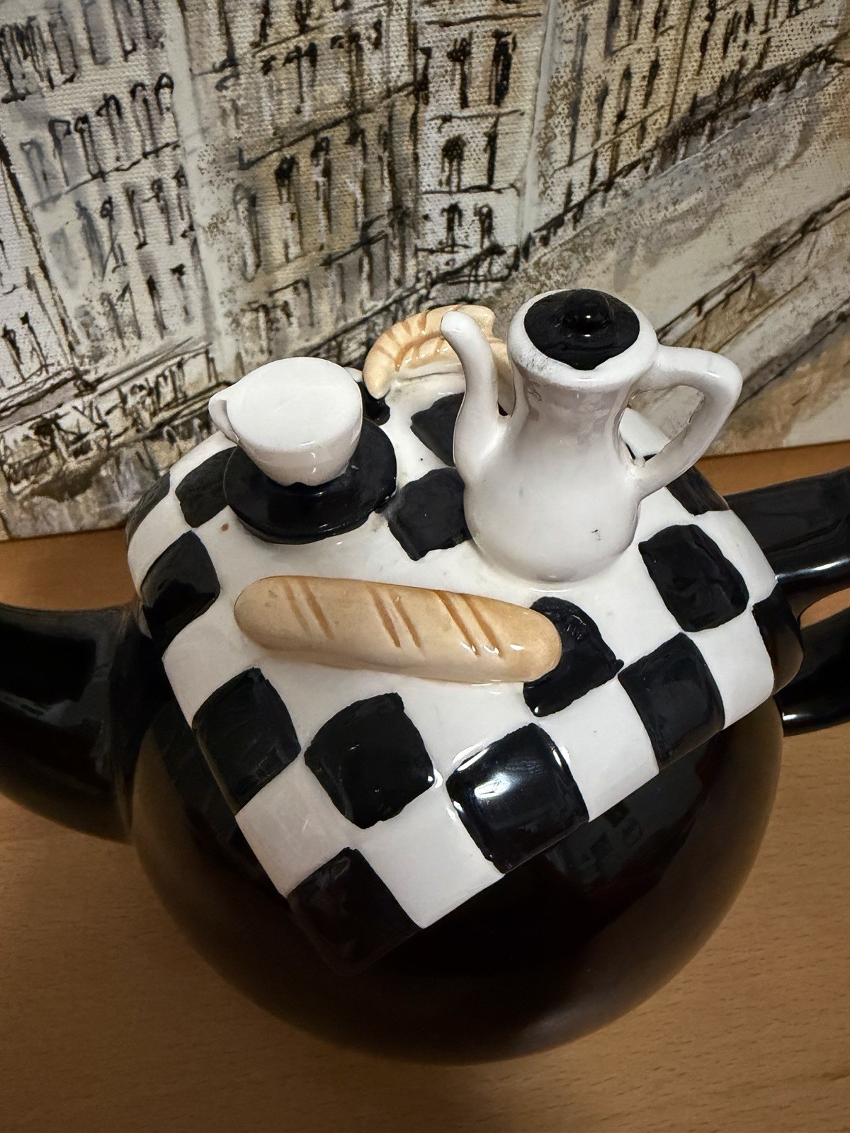 Vintage Black Teapot Checkerboard Estia Gourmet 32 oz. New Without Box.
