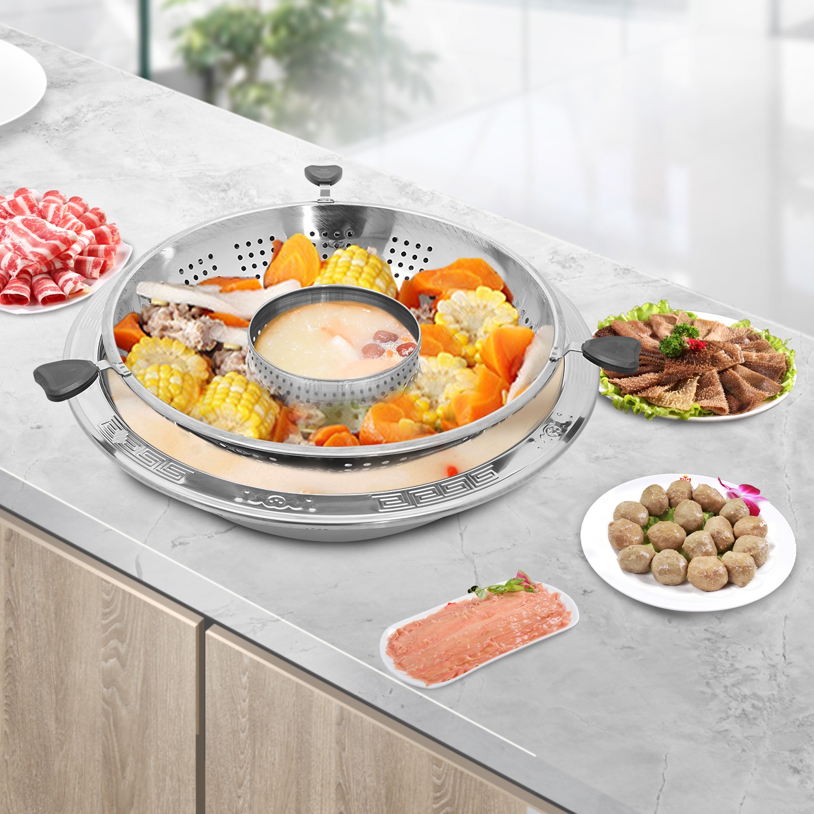 Stainless Steel Chinese-style Rotary Lifting Hot Pot with Divider Fit most stove