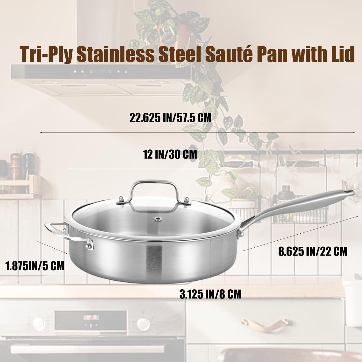 6QT Tri-Ply Stainless Steel Saute Pan w Lid Induction Oven Safe Detach Handle XL