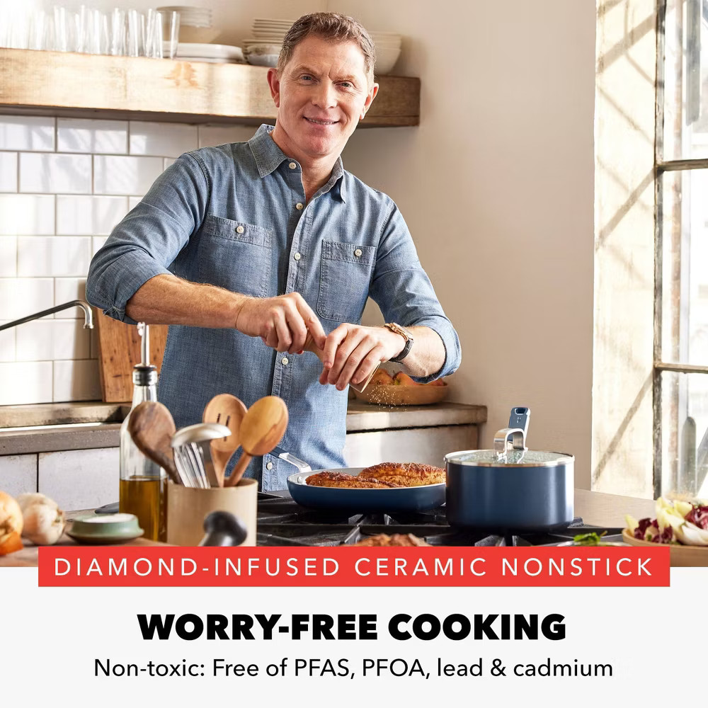 Bobby Flay 4.5qt Ceramic Nonstick Aluminum Saute Pan with Lid Oxford Blue: