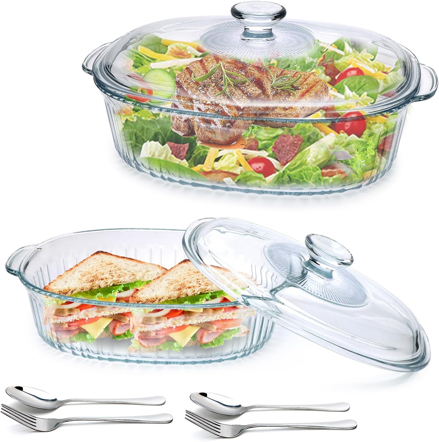 2pc Ribbed Oval Glass Casserole Set Lids 1.9Qt & 3Qt Oven Storage Bakeware