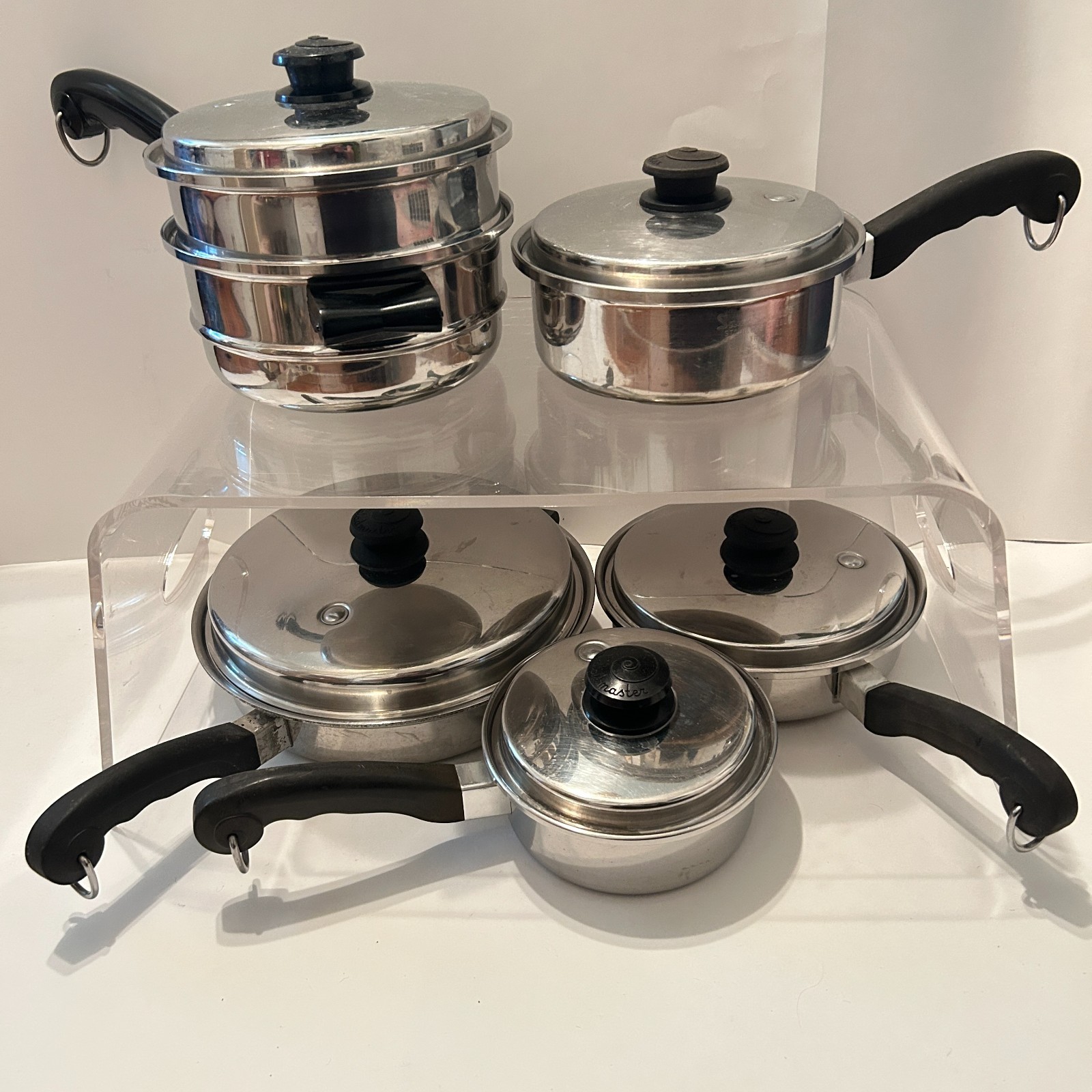12 Piece Saladmaster Pots & Pans Lot Tri-Clad Stainless Vapo Lids Egg Poacher
