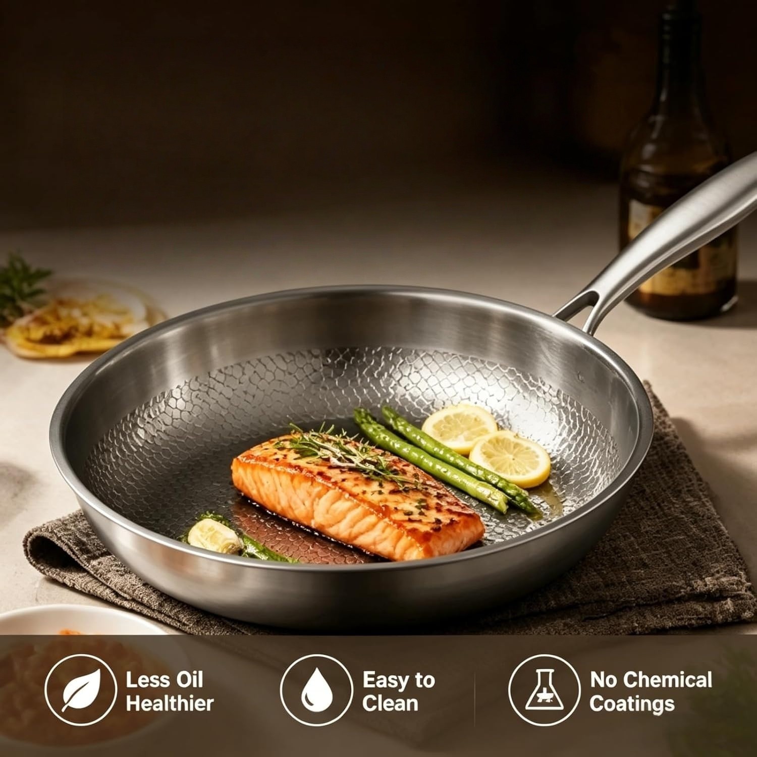 10.2In Titanium Hammered Pan Pro for Cooking, Titanium Pan with Lid Non Stick