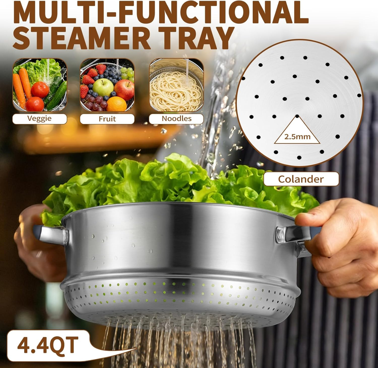 5.6 QT Steamer Pot with Lid,2-Tier Multipurpose 18/8 Steamer for Cooking with Ve