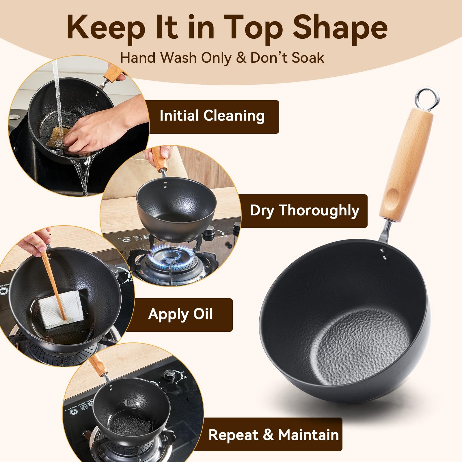 1.5QT Hammered Iron Saucepan With Lid Ramen Milk Pot Wood Handle Camping