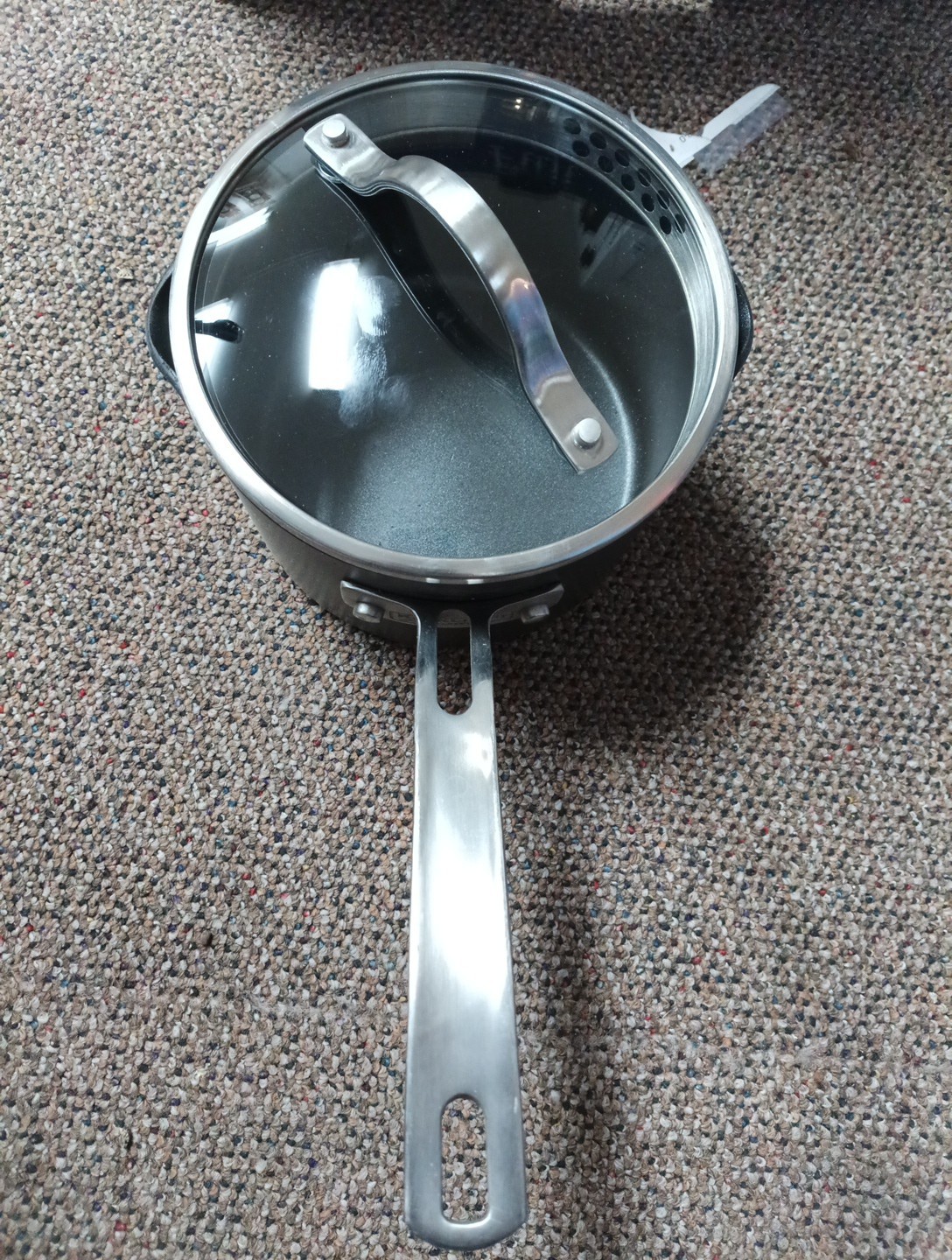Kirkland Signature 2 qt Non-Stick Aluminum Saucepan with Lid, Gray, Long Handle