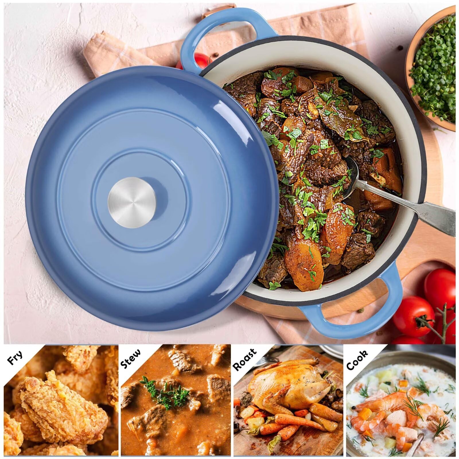 TeamFar 6QT Dutch Oven with Lid, Enameled Nonstick Cast Iron Dutch Oven Cooking