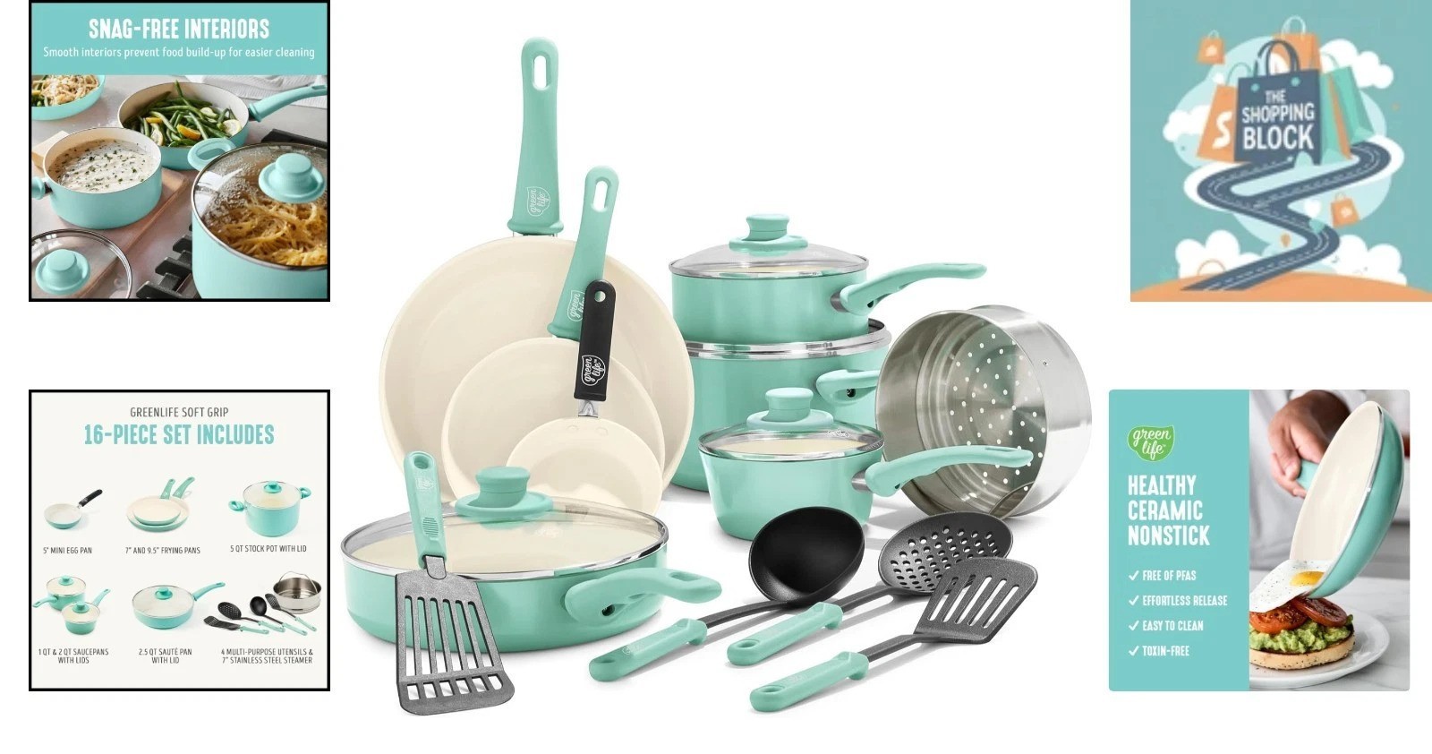 Soft Grip 16-Piece Turquoise Ceramic Cookware Set, Oven & Dishwasher Safe