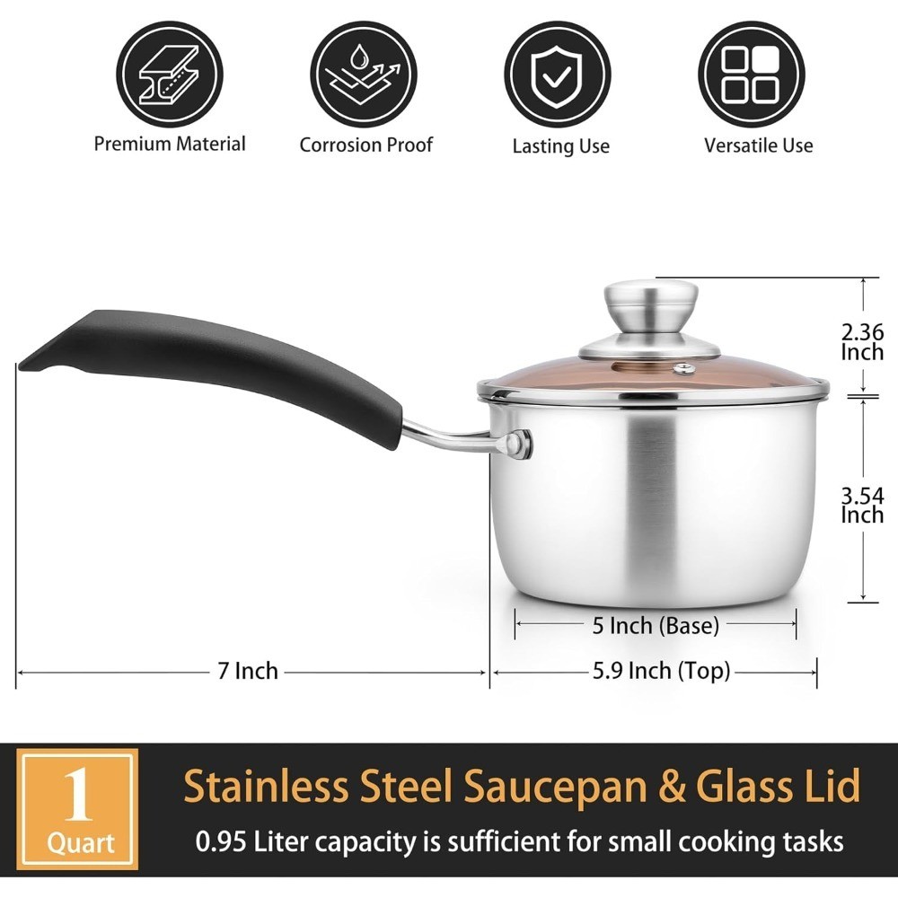 Small Stainless Steel Saucepan with Glass Lid, 1 Quart Single Pot for Cooking,