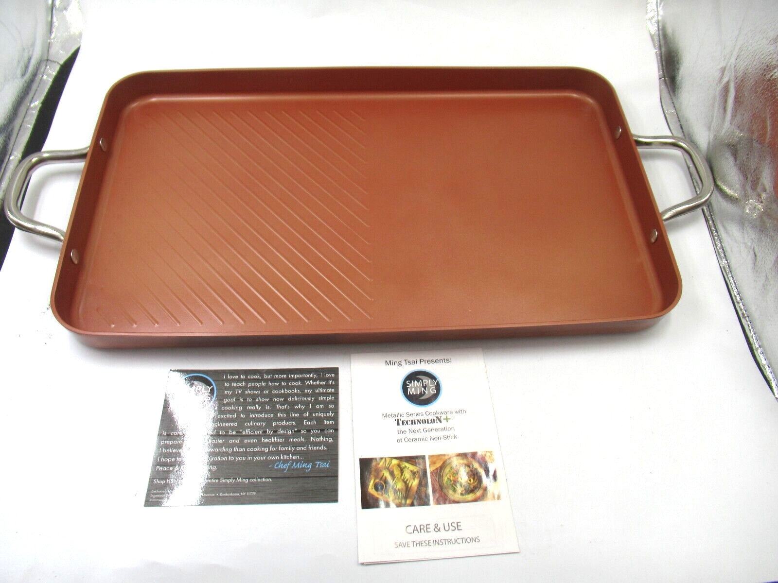 Non Stick Griddle TechnoloN Cookware w/ Instructions New! Simply Ming Metallic