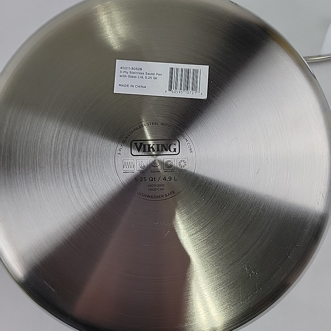 Viking 3-Ply Stainless Steel Saute Pan Mirror Finish With Glass Lid 5.25 Qt NWT