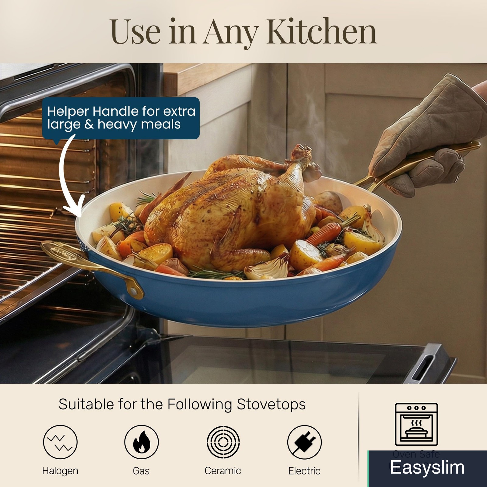 Frying Pan, 14 Inch, Ceramic Nonstick, Cream Navy, Oven Safe 500°F