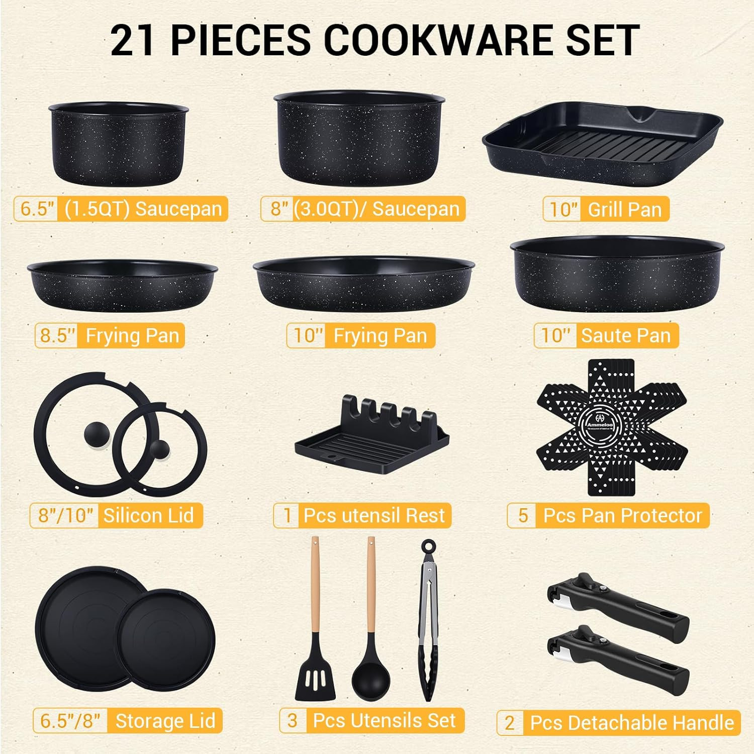21 Pcs Pots and Pans Set Non Stick with Detachable Handle & Grill Pan, Induction