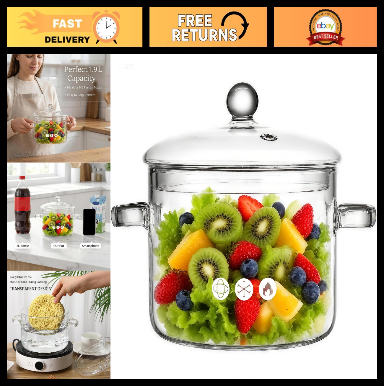 Clear Glass Cooking Pot 1.9L with Lid & Handle, Borosilicate Saucepan – Ideal fo