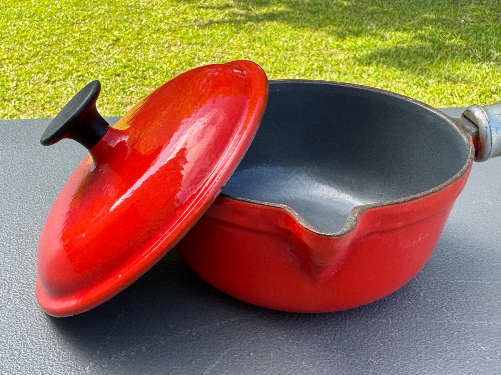 2 Vintage Lavec 1 Quart Saucepans Enameled Cast Iron: Red & Green w/Wood Handles