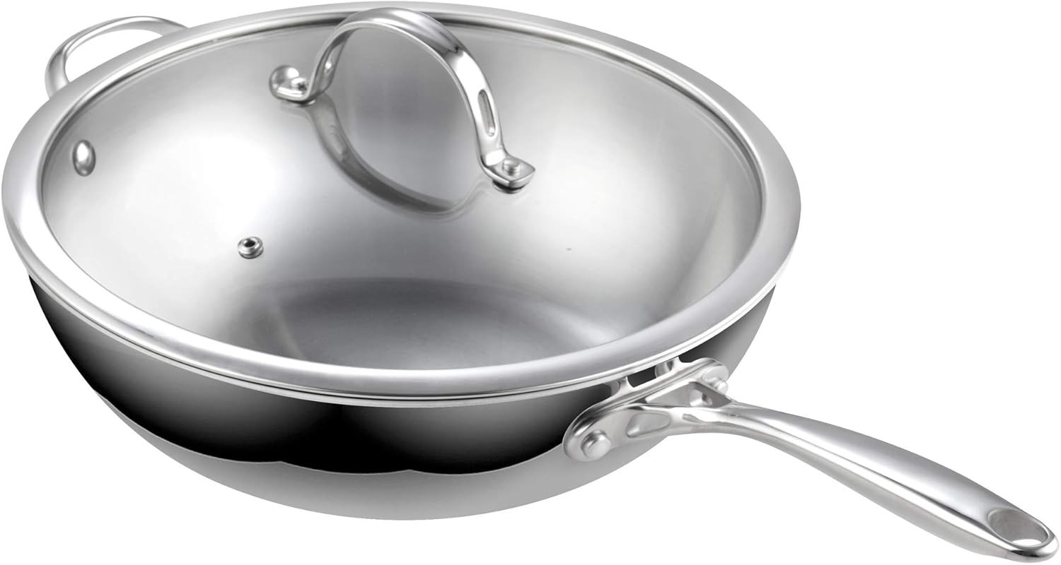 Multi-Ply Clad 12 Inch Stainless Steel Wok Pan, Stir Fry Pan with Glass Lid, …