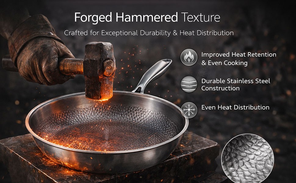 Pure Titanium Hammered Frying Pan with Lid, 12 Inch Skillet, No Coating