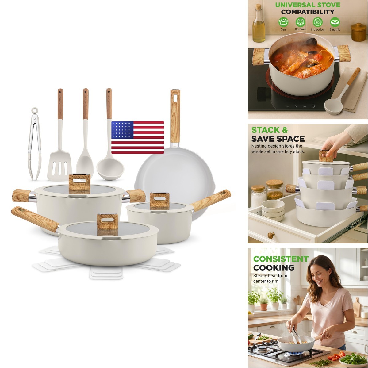 NutriChef 14-Piece Ceramic Cookware Set Nonstick Glass Lids Beige