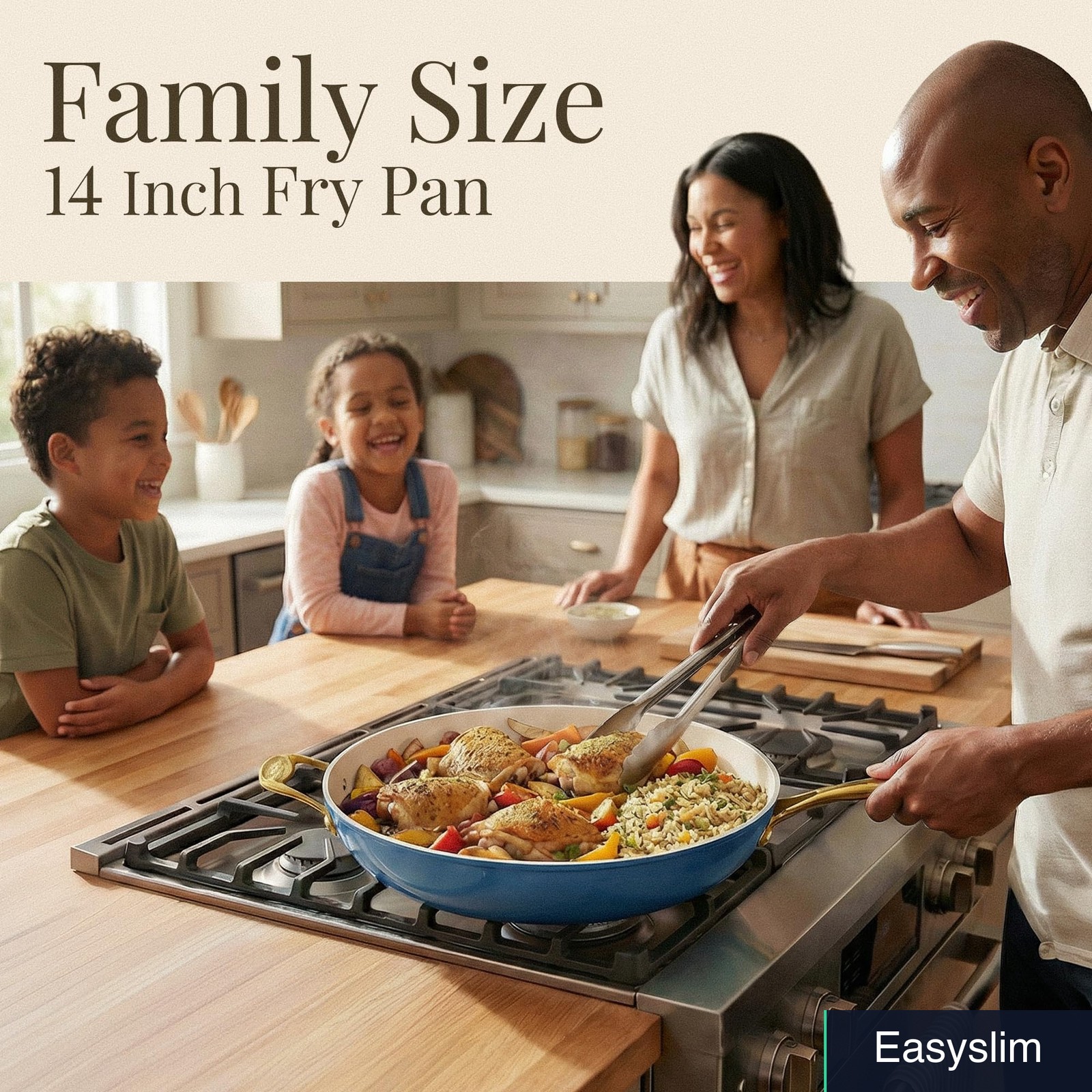 Frying Pan, 14 Inch, Ceramic Nonstick, Cream Navy, Oven Safe 500°F