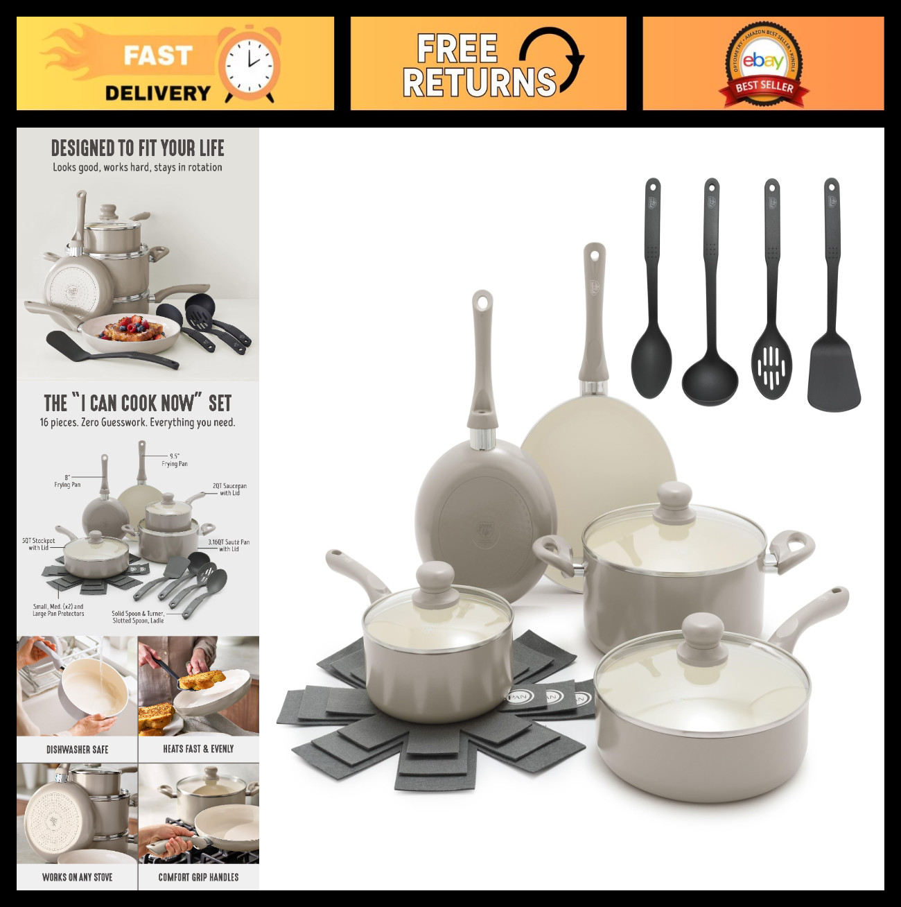16-Piece Nonstick Cookware Set – Non-Toxic Ceramic Pots & Pans, Induction Ready,
