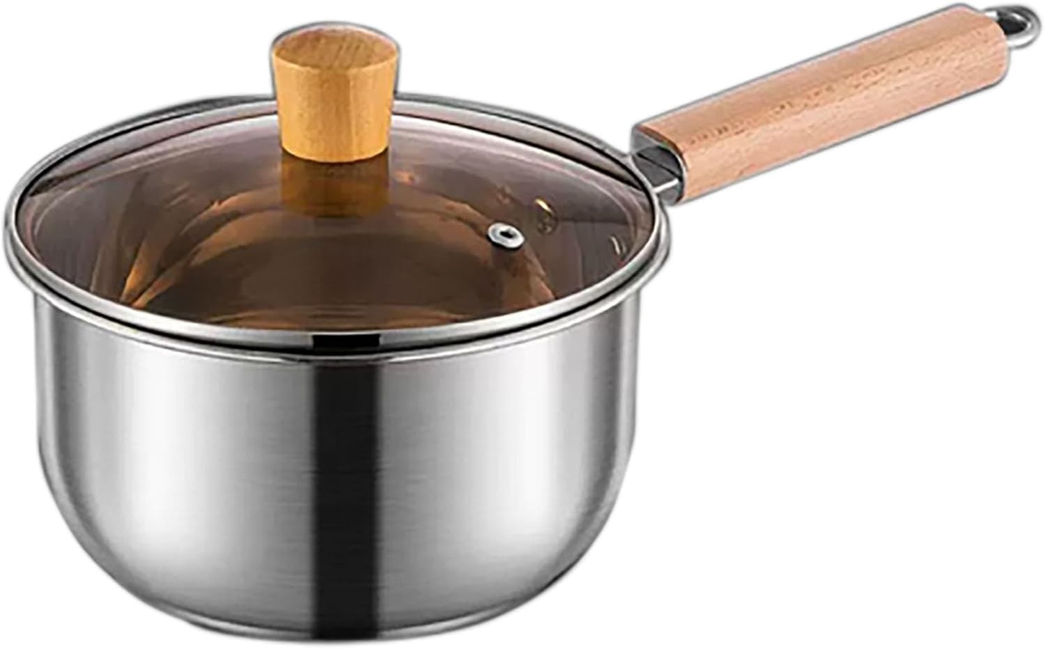 Thickened Milk Pot, 1.3 Quart Long Handle Stainless Steel Saucepan with Wood Lid